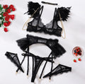 Lingerie Set Fashion Feather Splicing Removable Metal Chain Lace Trim Sexy Four-Piece Set
