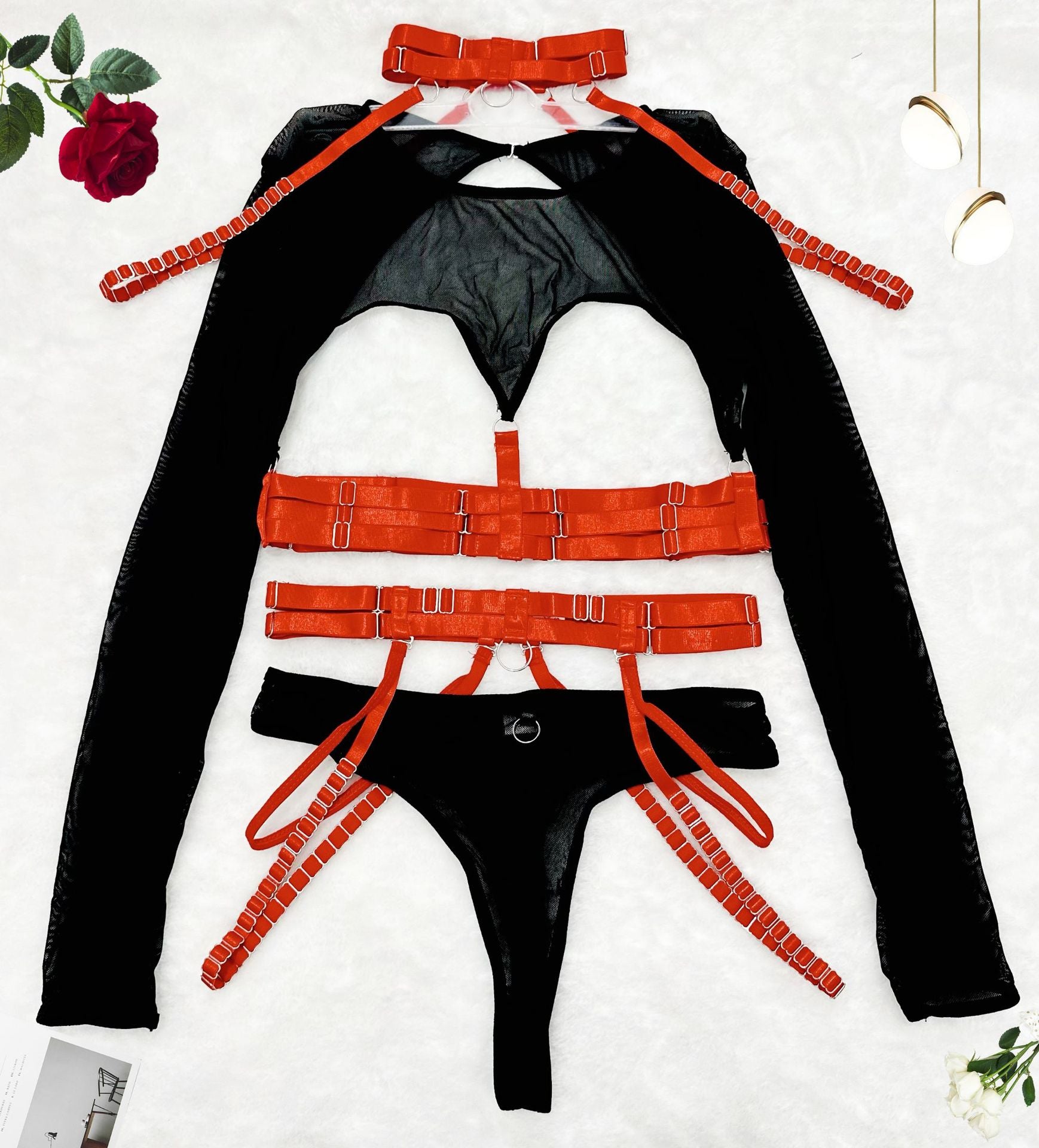 Complex Strap Halter Waistband Mesh Long Sleeve Sexy Women's Four-Piece Set