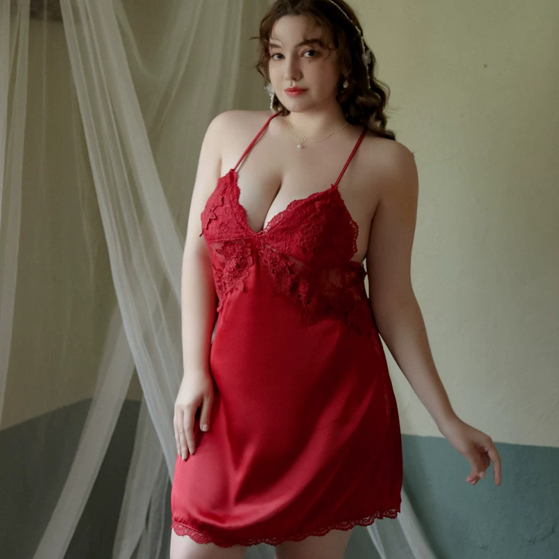 Sexy pajama plus size ice silk imitation silk set, high-end with chest cushion, suspender, nightgown set, fat