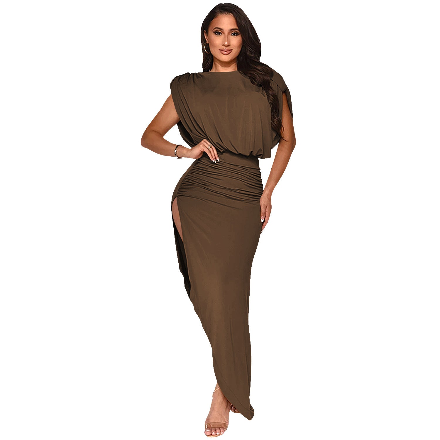 Rochie Lungă Pliată cu Crapă Asimetrică — Fără Mâneci