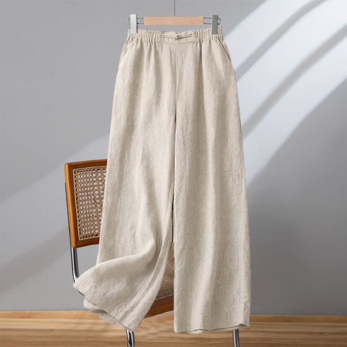 Pantaloni Casual din Bumbac și In cu Talie Elastică pentru Femei
