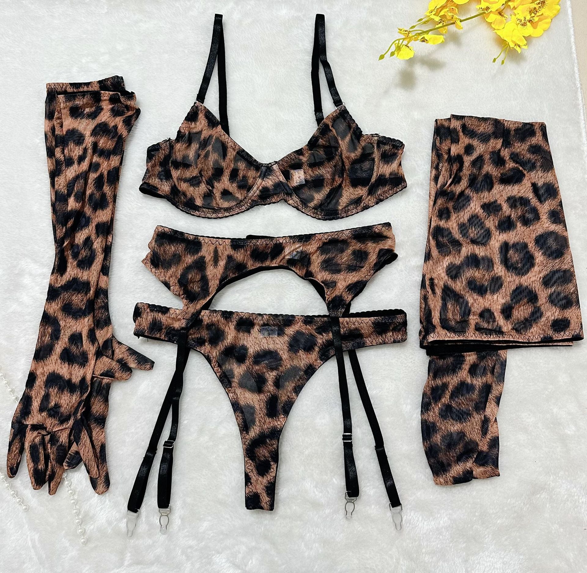Cross-border  Sexy Underwear Five-piece Set with Gloves, Stockings, Tie-dye Design, Colorful Design, Erotic Underwear Set