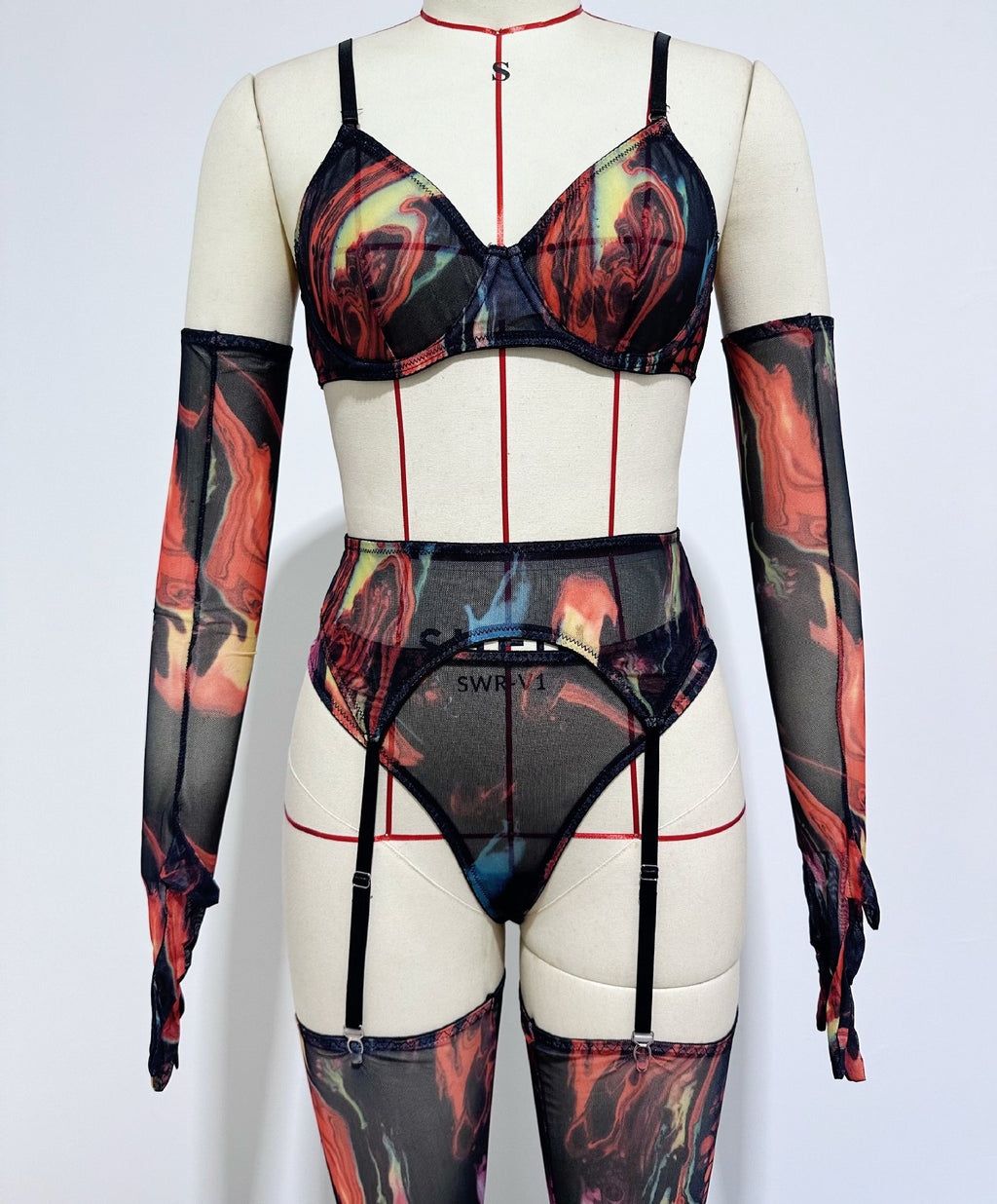 Cross-border  Sexy Underwear Five-piece Set with Gloves, Stockings, Tie-dye Design, Colorful Design, Erotic Underwear Set