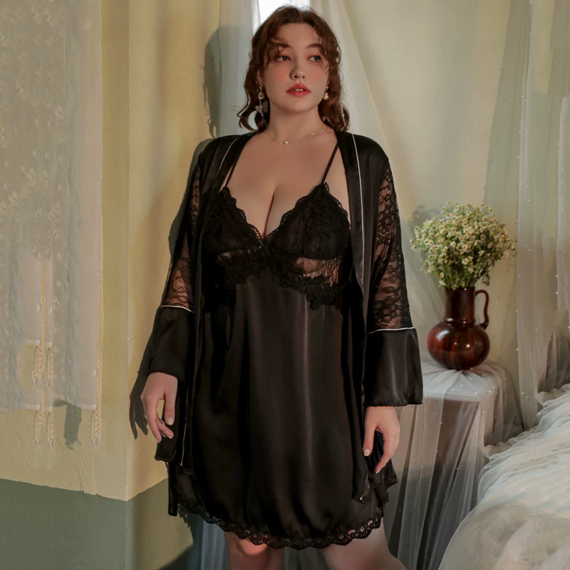 Sexy pajama plus size ice silk imitation silk set, high-end with chest cushion, suspender, nightgown set, fat
