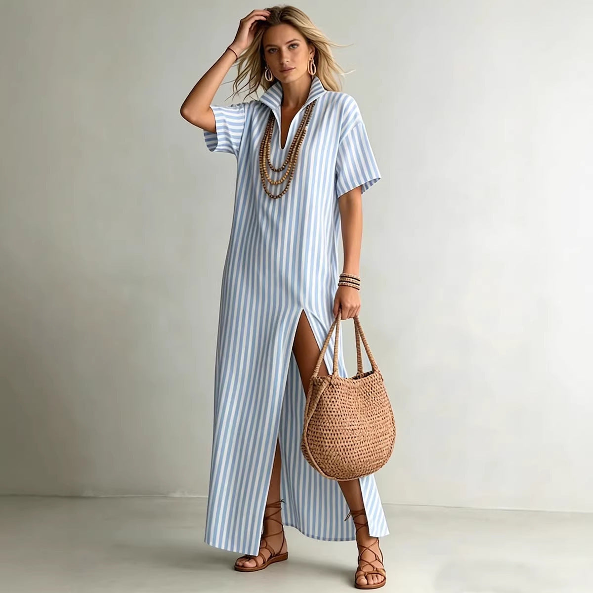 Rochie Lungă Femei — Guler Cămașă, Mânecă 3/4, Talie Înaltă