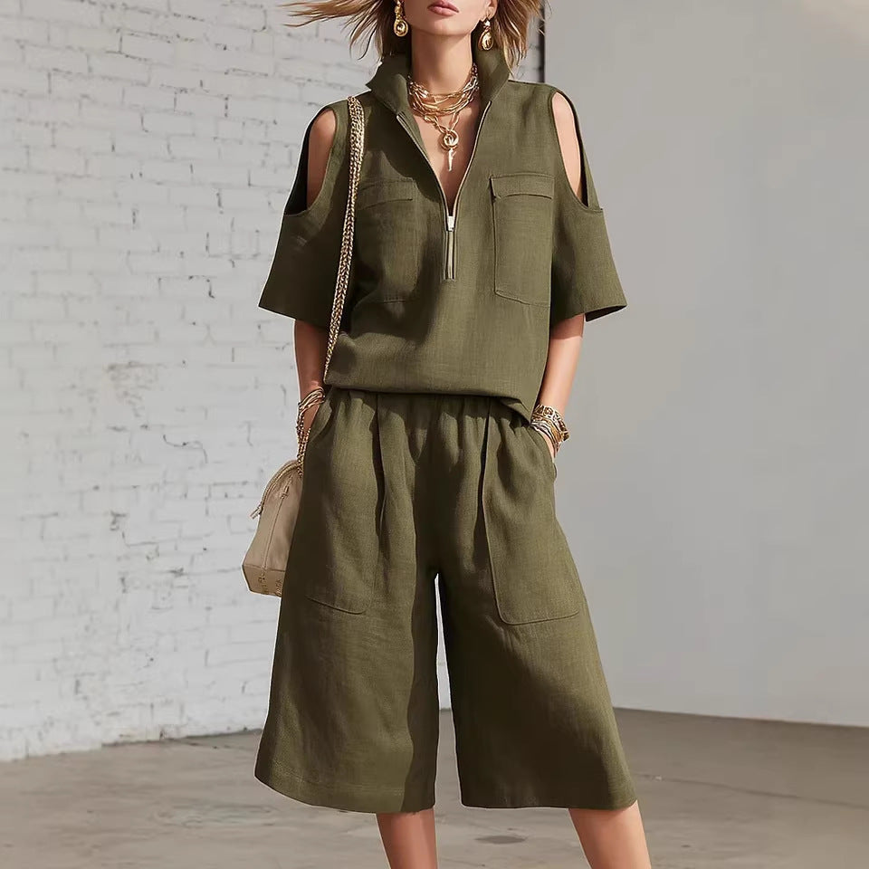 Set 2 Piese Femei — Bluză Mânecă Scurtă și Pantaloni Largi