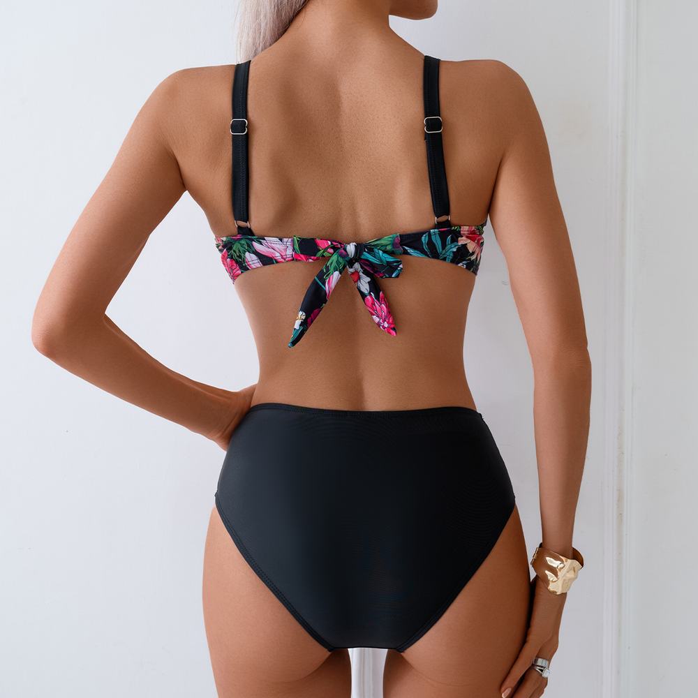 Costum de Baie cu Talie Înaltă — Imprimeu Floral Retro, Fără Bretele