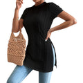 Tricou Damă cu Textură Nervurată — Guler Rotund, Mânecă Scurtă, Crăpătură Laterală