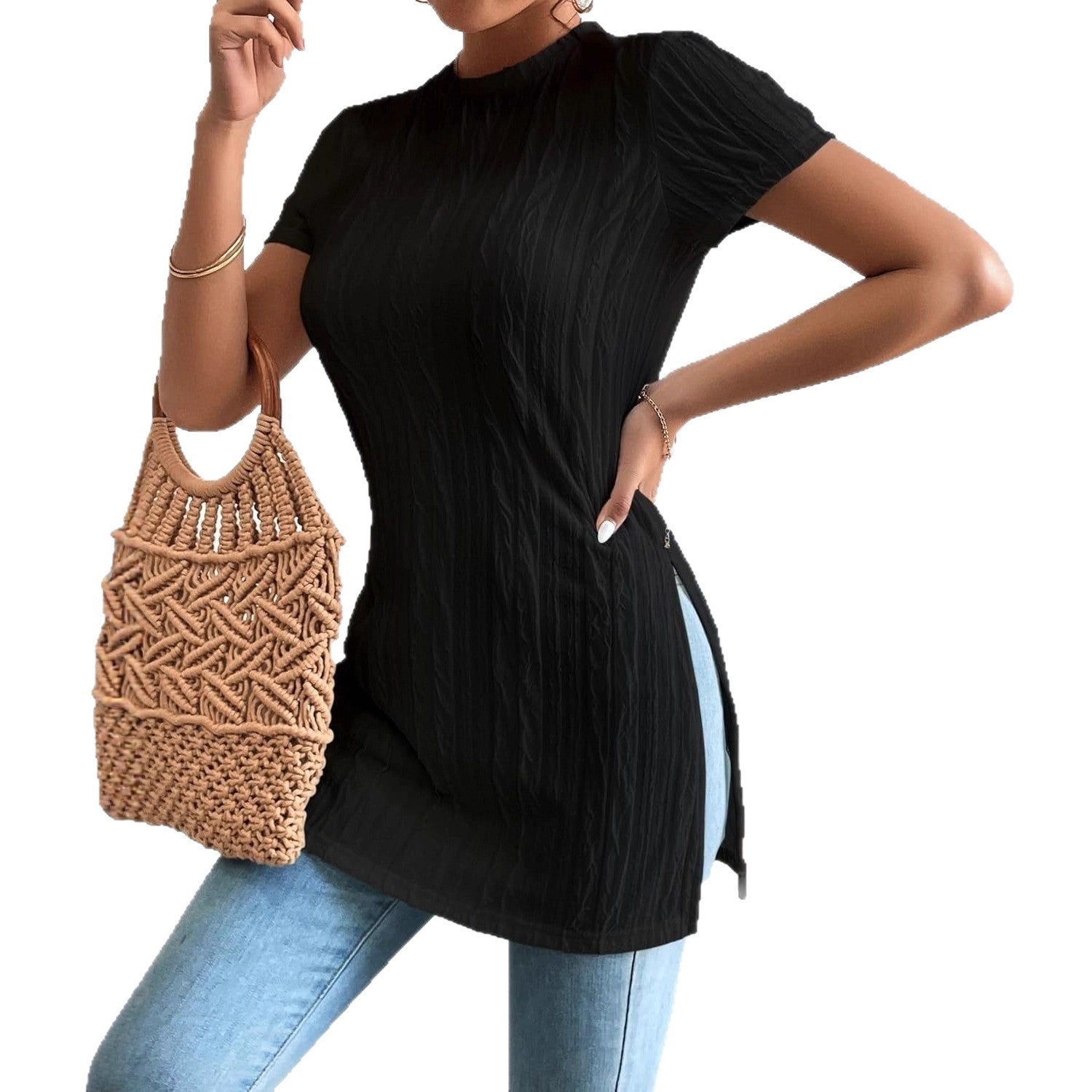 Tricou Damă cu Textură Nervurată — Guler Rotund, Mânecă Scurtă, Crăpătură Laterală