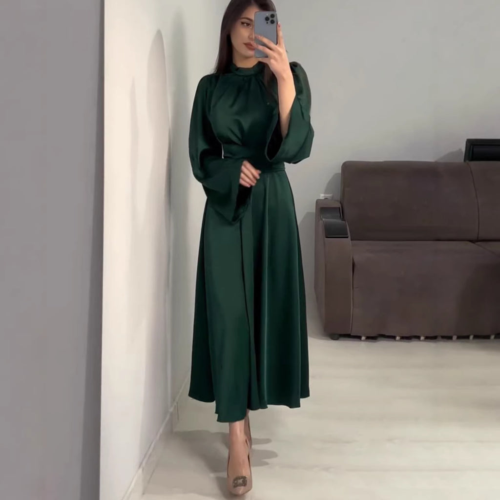 Rochie Maxi Elegantă cu Curea și Talie Îngustă — Mânecă Lungă