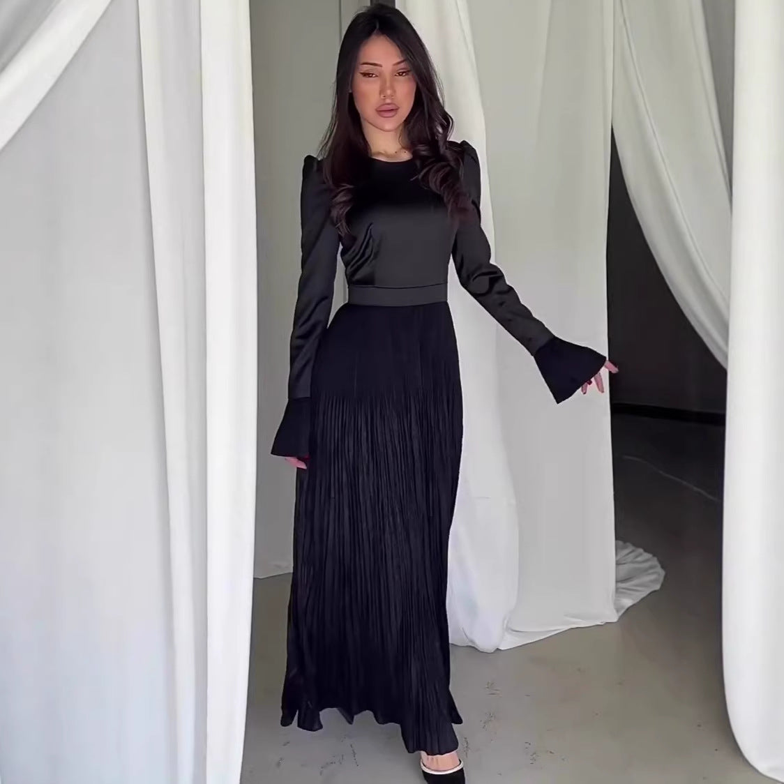 Rochie Maxi Elegantă cu Mânecă Lungă, Croiaă Mulată – Farmec Delicat, Modă de Iarnă