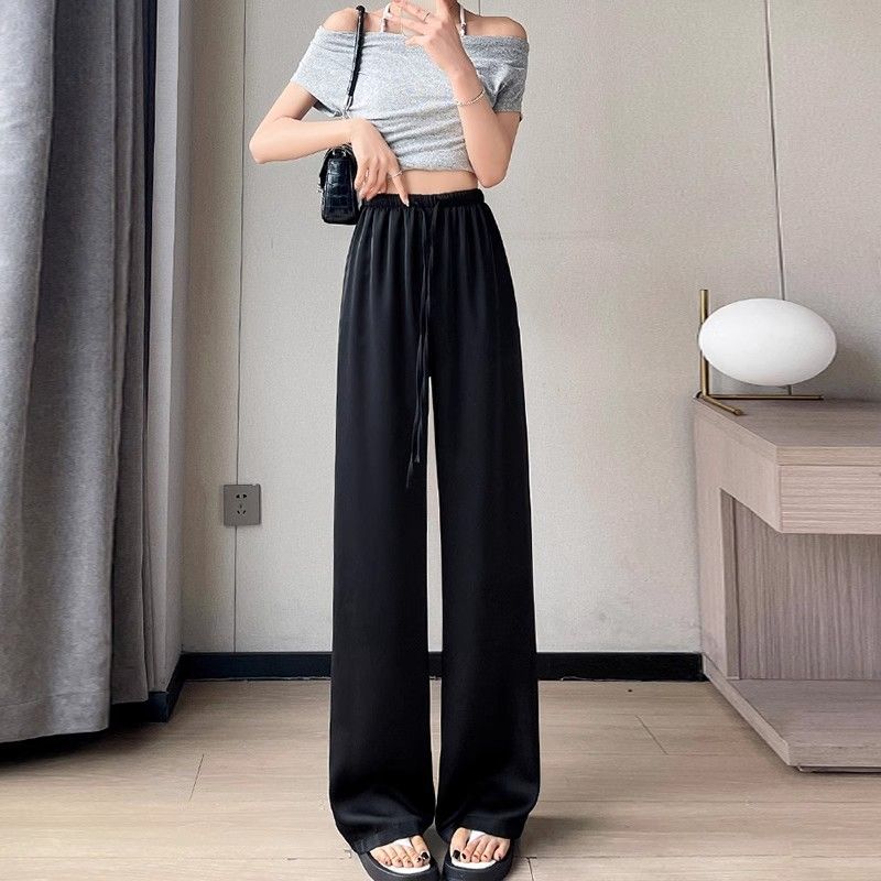 Pantaloni Wide-Leg din Mătase de Gheață cu Talie Înaltă pentru Femei