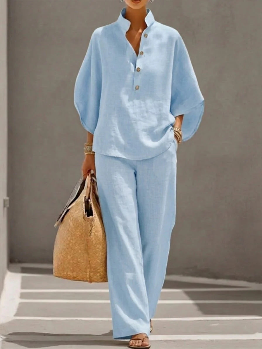 Set Pantalon cu Nasturi și Top pentru Femei — Casual Chic