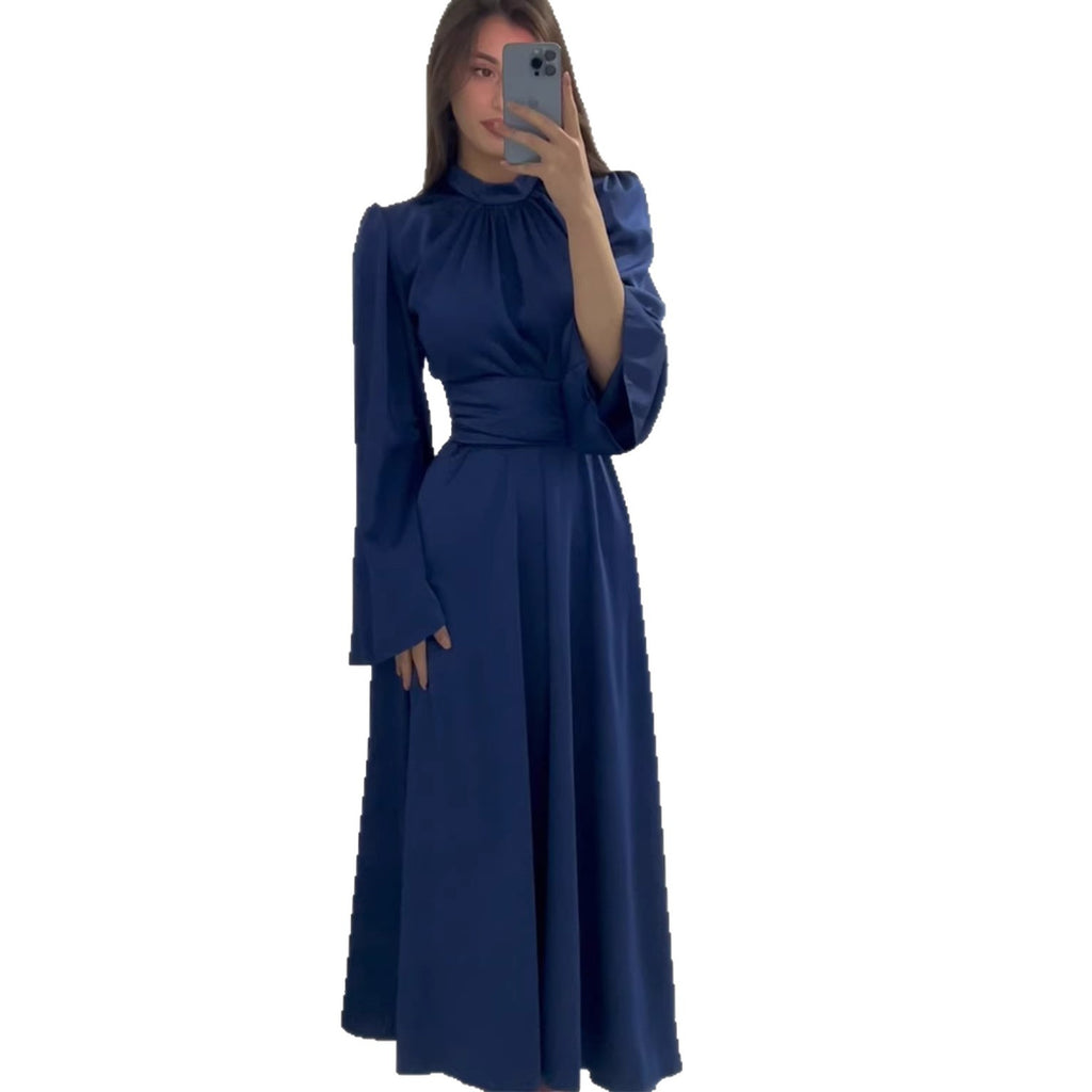 Rochie Maxi Elegantă cu Curea și Talie Îngustă — Mânecă Lungă