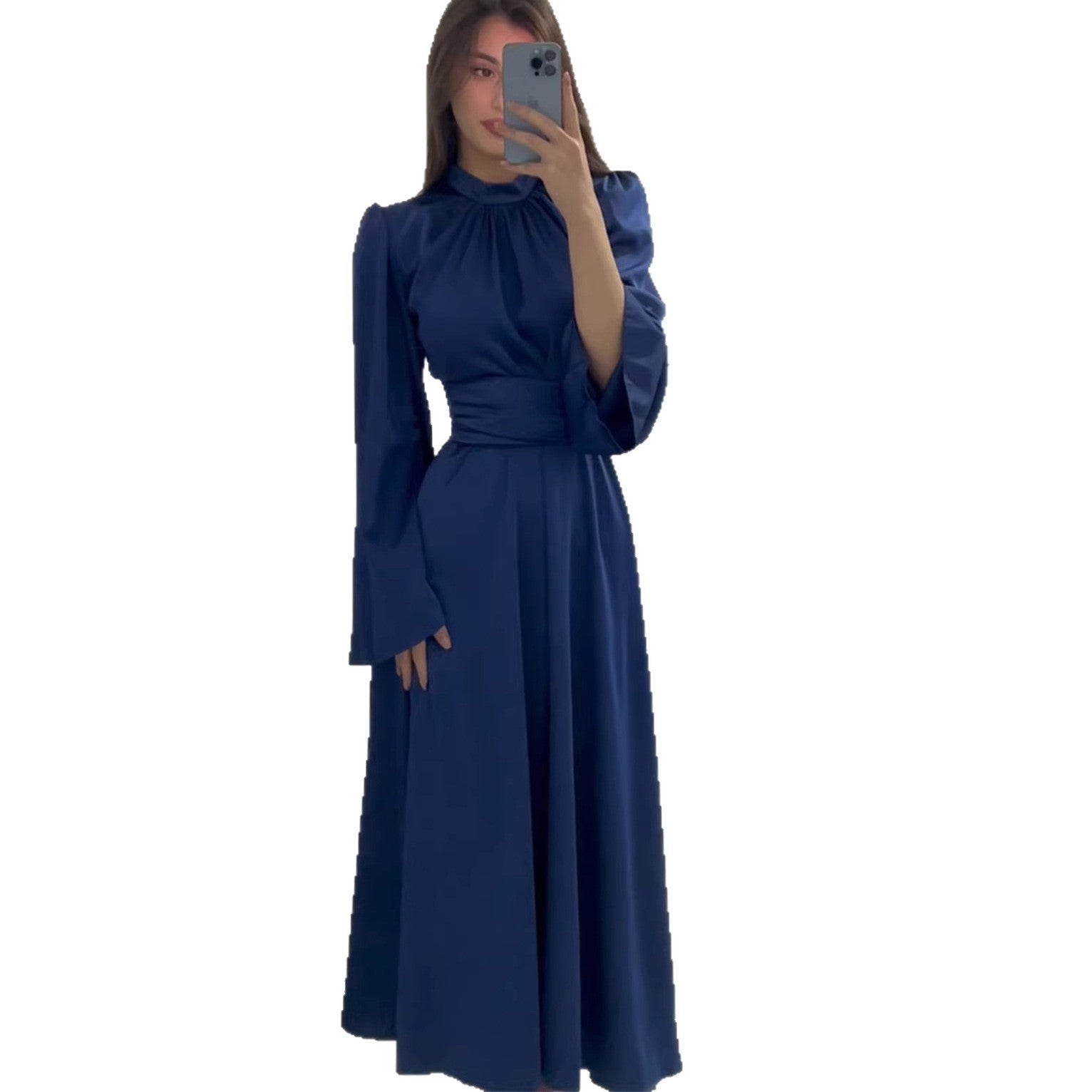 Rochie Maxi Elegantă cu Curea și Talie Îngustă — Mânecă Lungă