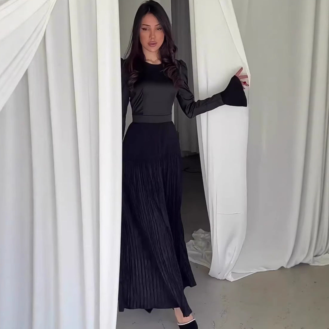 Rochie Maxi Elegantă cu Mânecă Lungă, Croiaă Mulată – Farmec Delicat, Modă de Iarnă