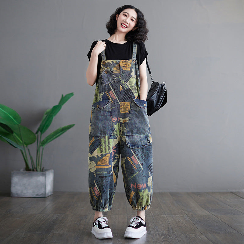 Salopetă Denim cu Print Retro Artistic pentru Femei