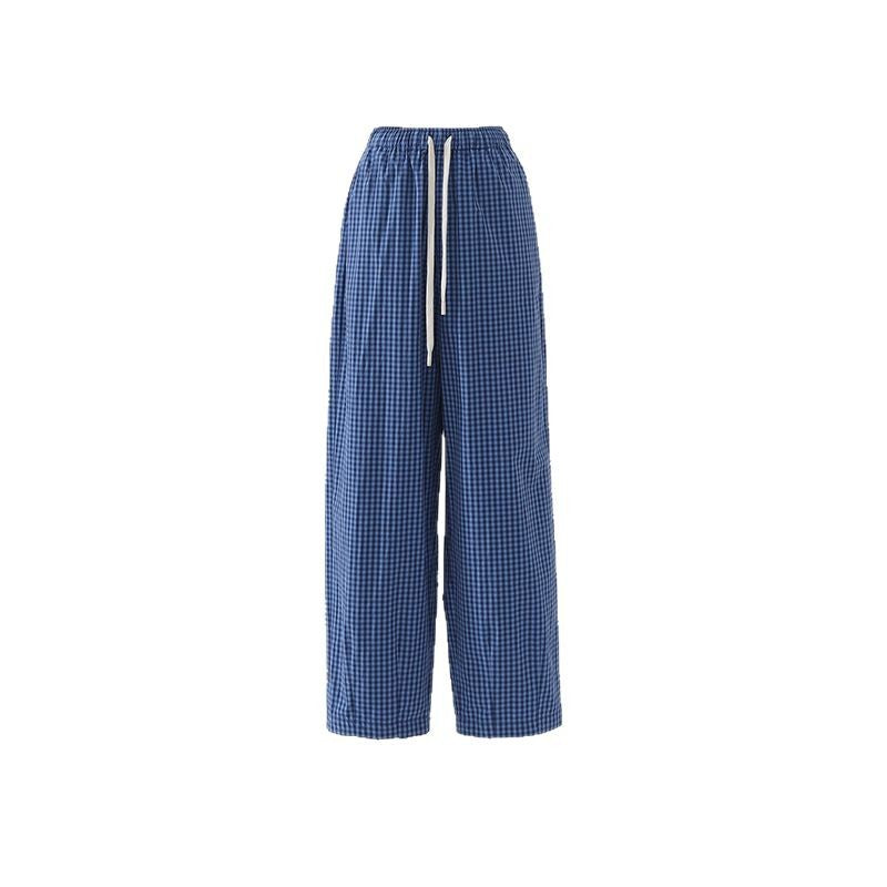 Pantaloni Casual cu Talie Înaltă în Carouri Albastre pentru Femei