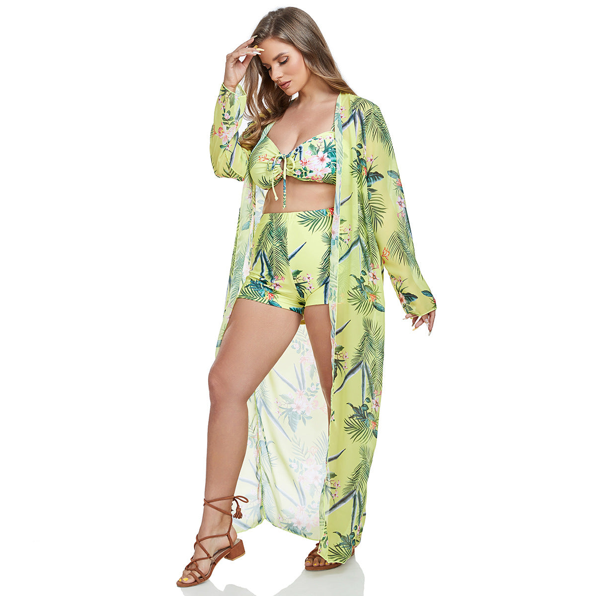 Set Bikini Plus Size cu Mânecă Lungă — Floral | 0XL-4XL