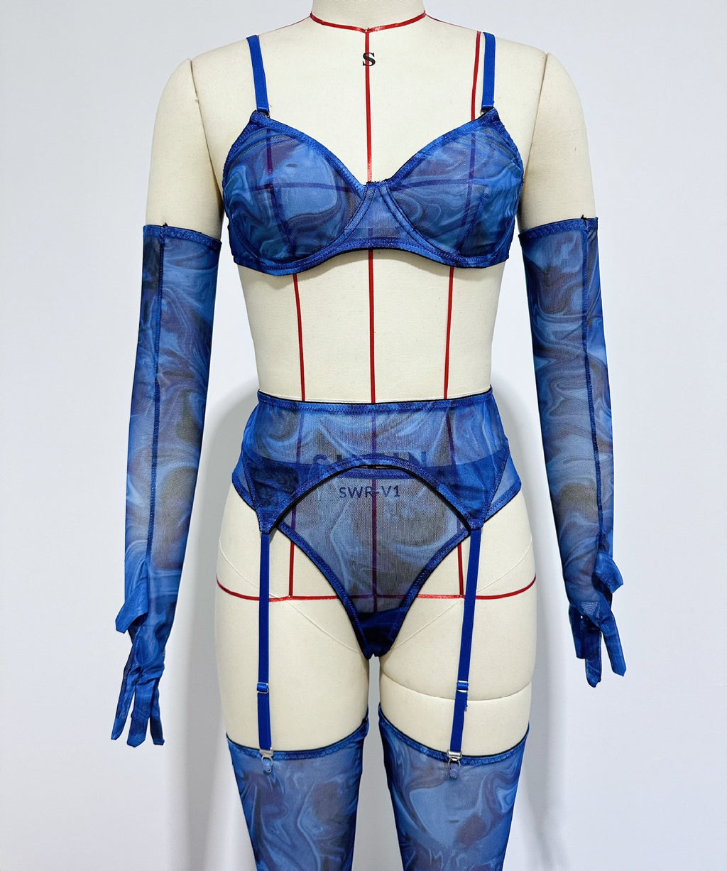 Cross-border  Sexy Underwear Five-piece Set with Gloves, Stockings, Tie-dye Design, Colorful Design, Erotic Underwear Set