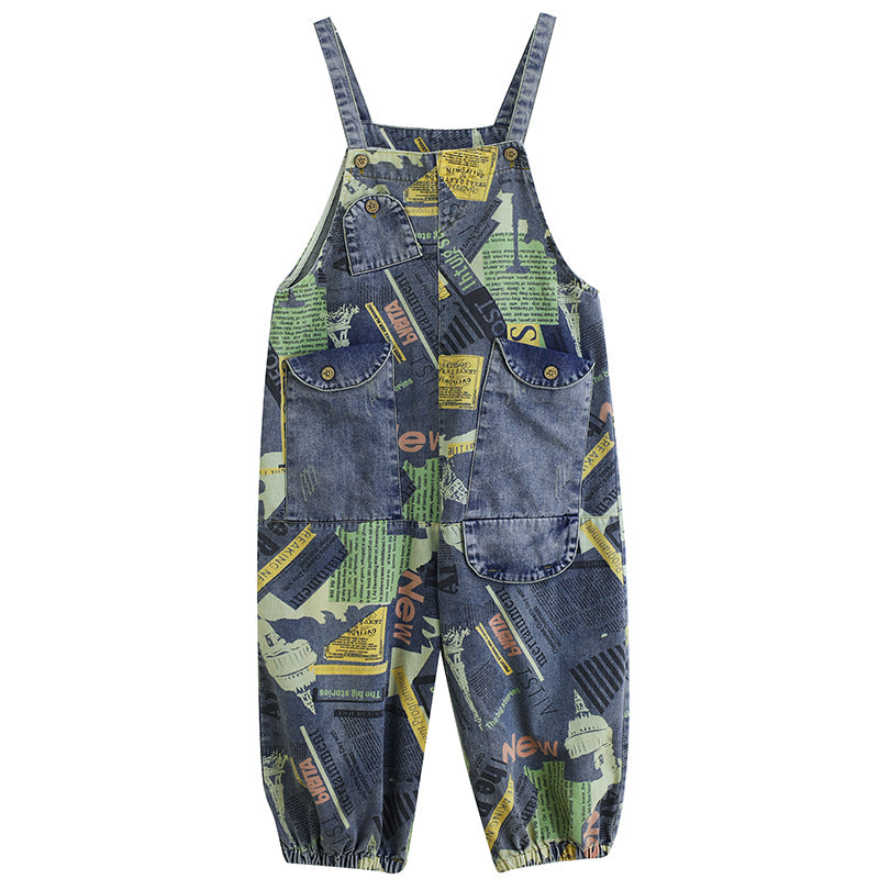 Salopetă Denim cu Print Retro Artistic pentru Femei