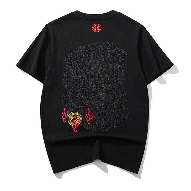Tricou cu Print Dragon Brodat pentru Bărbați — Bumbac Pur
