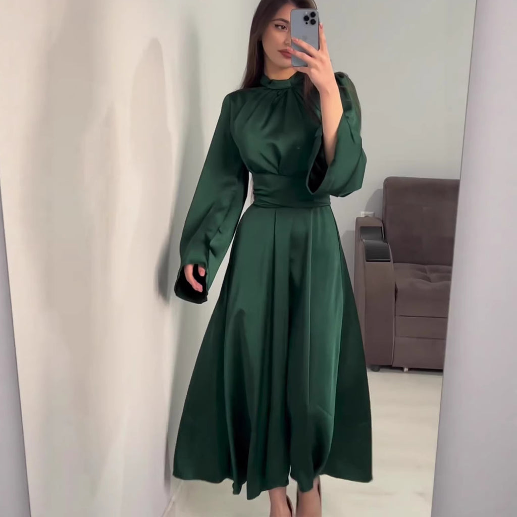 Rochie Maxi Elegantă cu Curea și Talie Îngustă — Mânecă Lungă