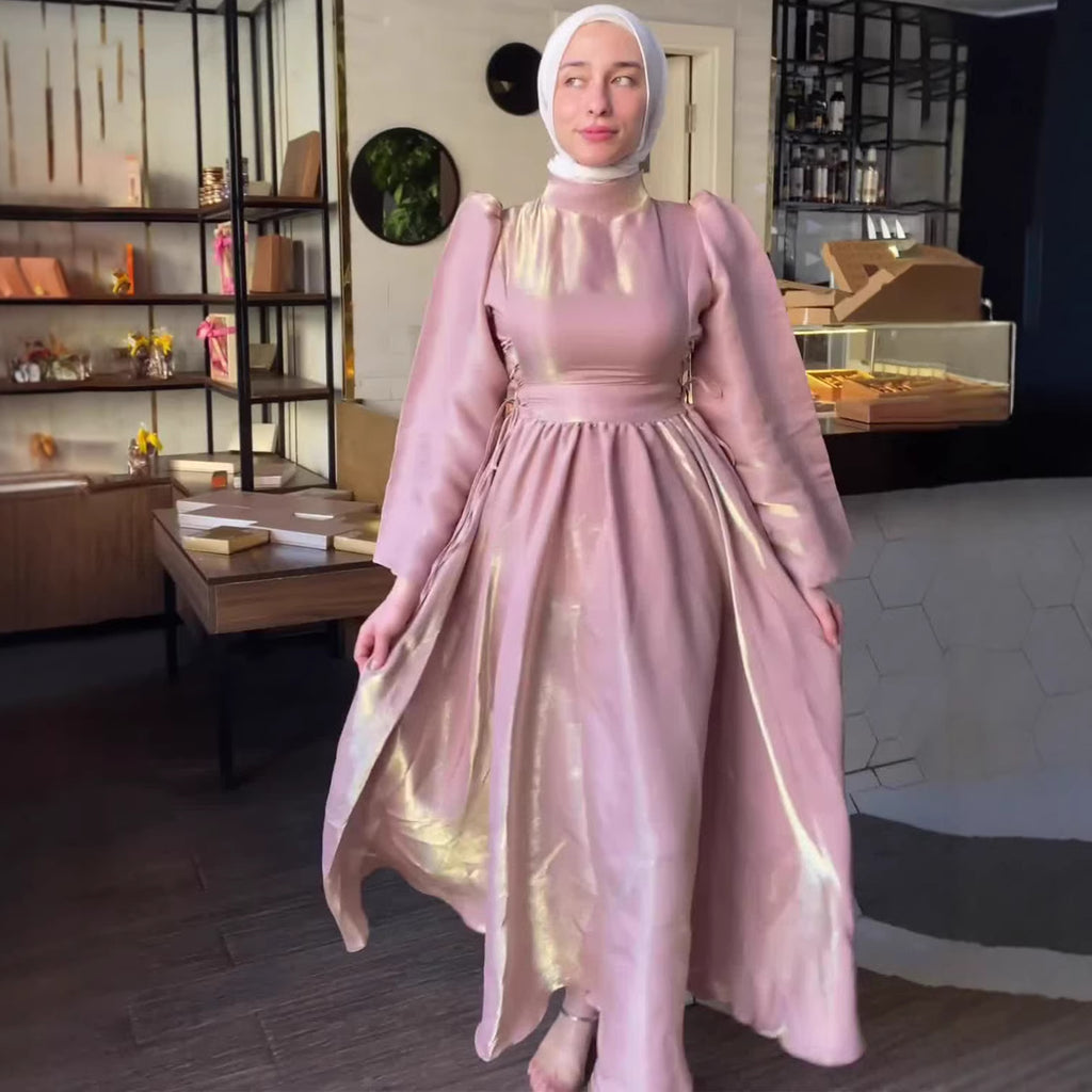 Rochie Tip Teacă cu Șiret și Mâneci Felinar — Lungime Maxi