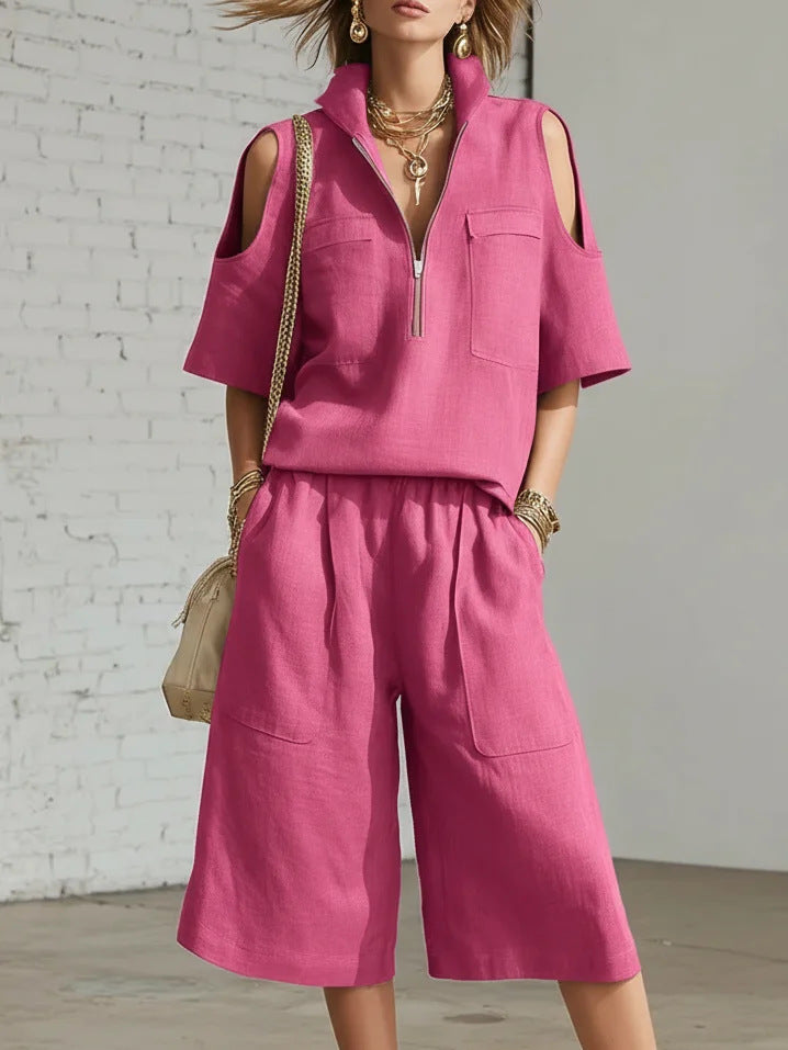 Set 2 Piese Femei — Bluză Mânecă Scurtă și Pantaloni Largi