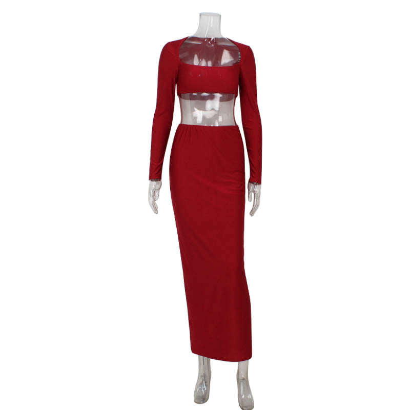 Set Două Piese Sexy cu Top Scurt și Fustă Lungă cu Talie Înaltă pentru Femei