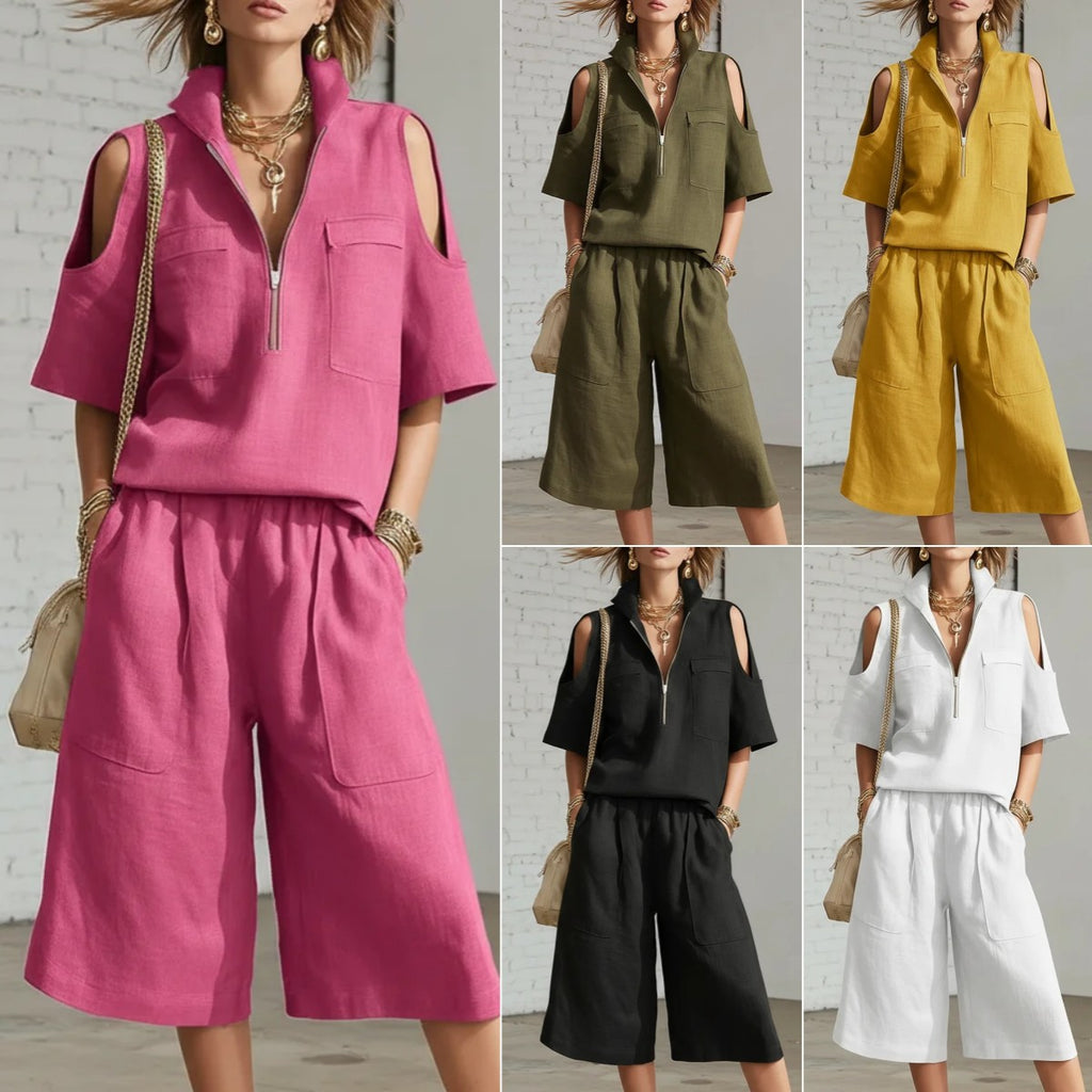 Set 2 Piese Femei — Bluză Mânecă Scurtă și Pantaloni Largi