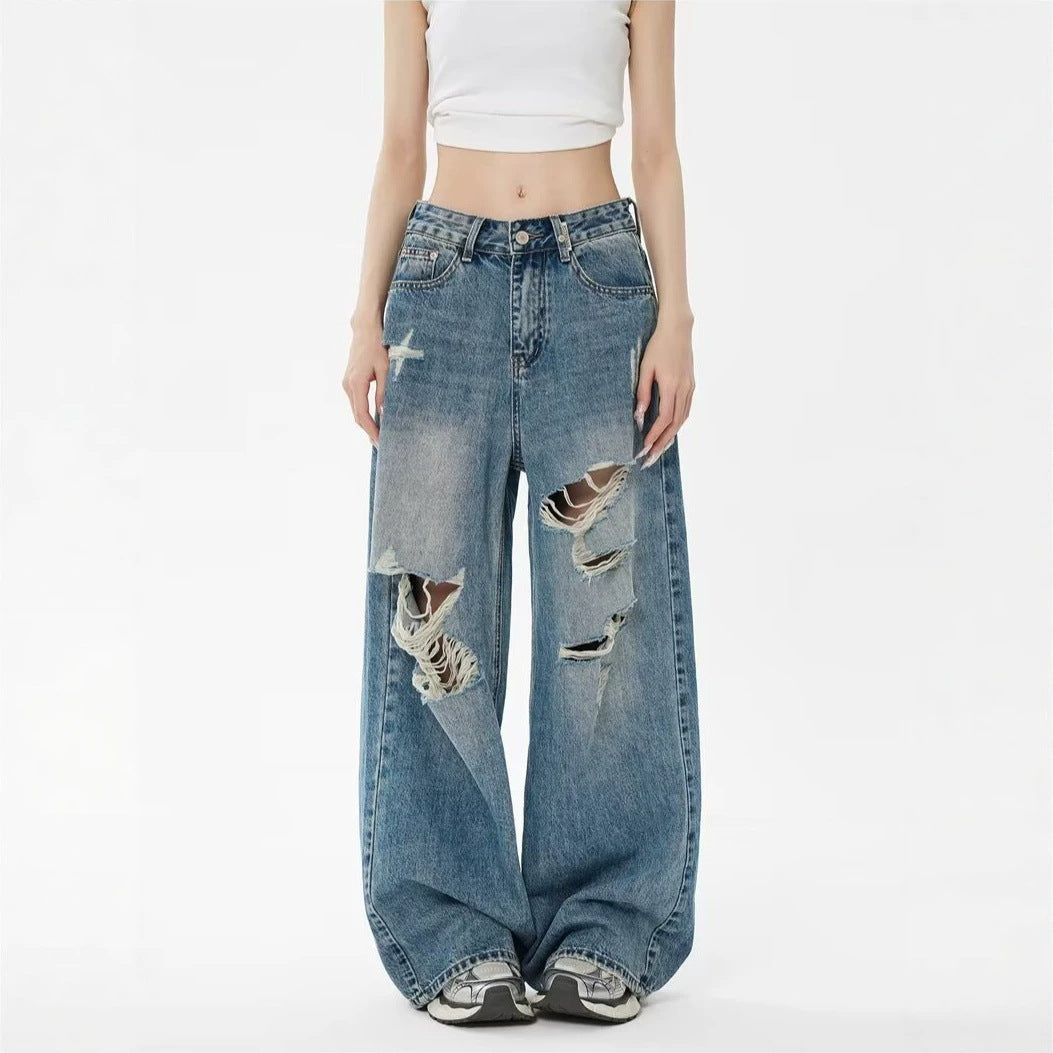 Pantaloni Denim Vintage Rupți pentru Femei — Spălați, Croială Dreaptă