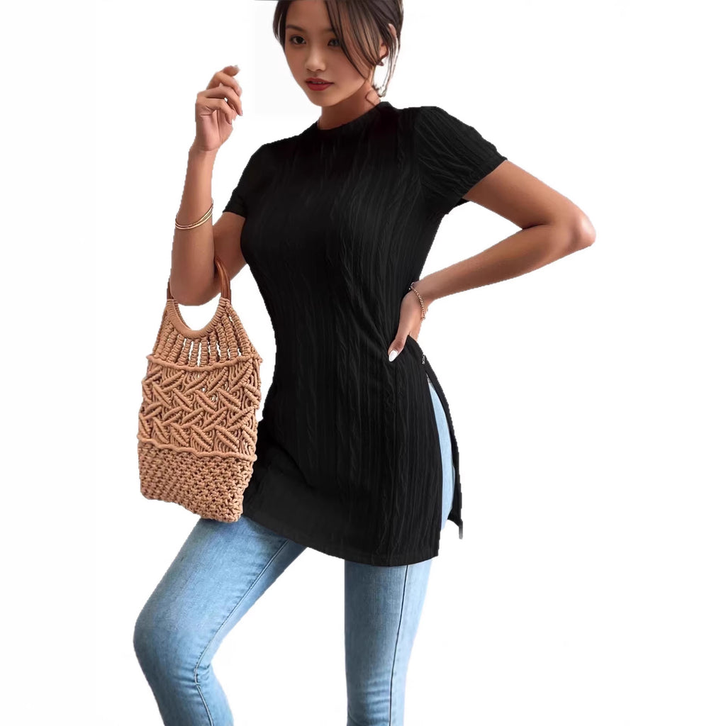 Tricou Damă cu Textură Nervurată — Guler Rotund, Mânecă Scurtă, Crăpătură Laterală