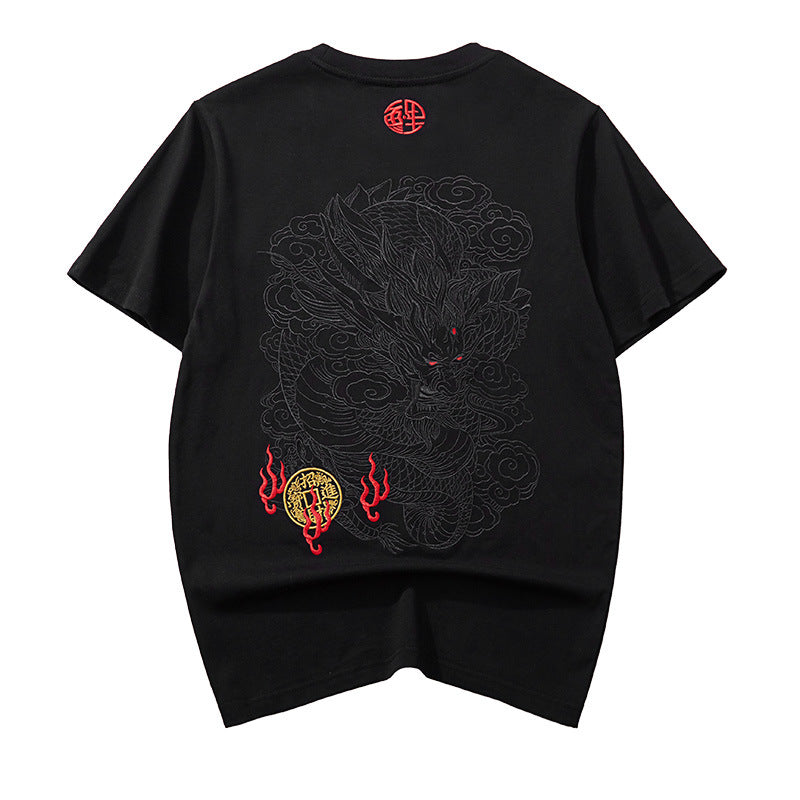 Tricou cu Print Dragon Brodat pentru Bărbați — Bumbac Pur
