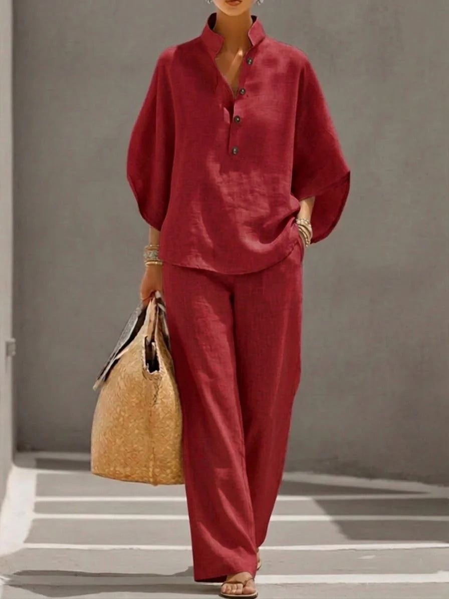 Set Pantalon cu Nasturi și Top pentru Femei — Casual Chic
