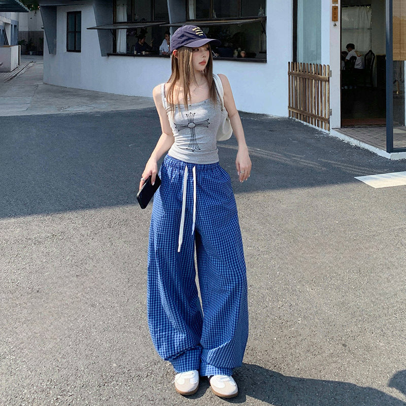 Pantaloni Casual cu Talie Înaltă în Carouri Albastre pentru Femei