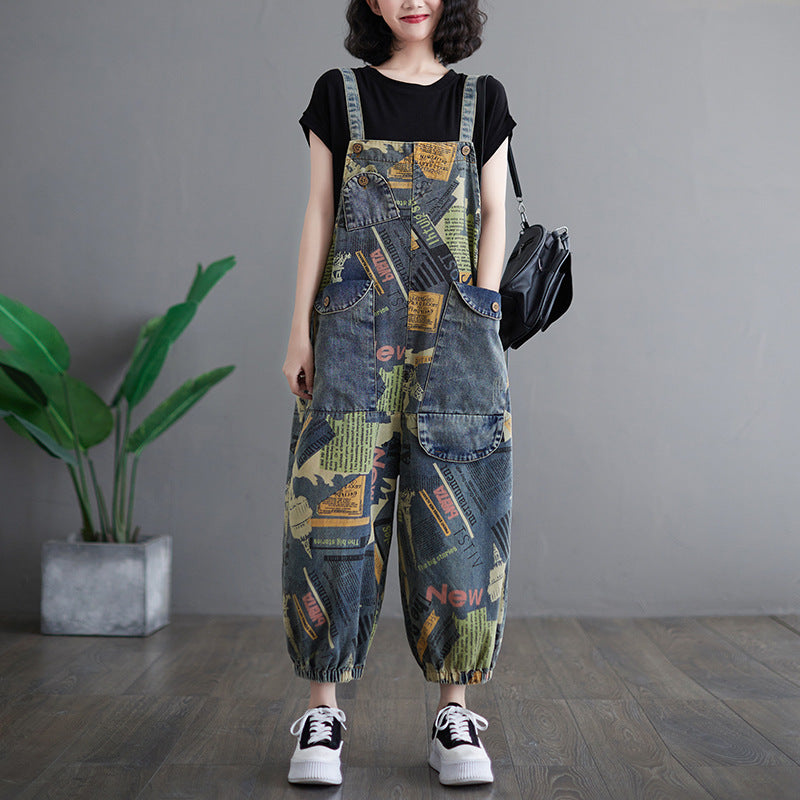Salopetă Denim cu Print Retro Artistic pentru Femei