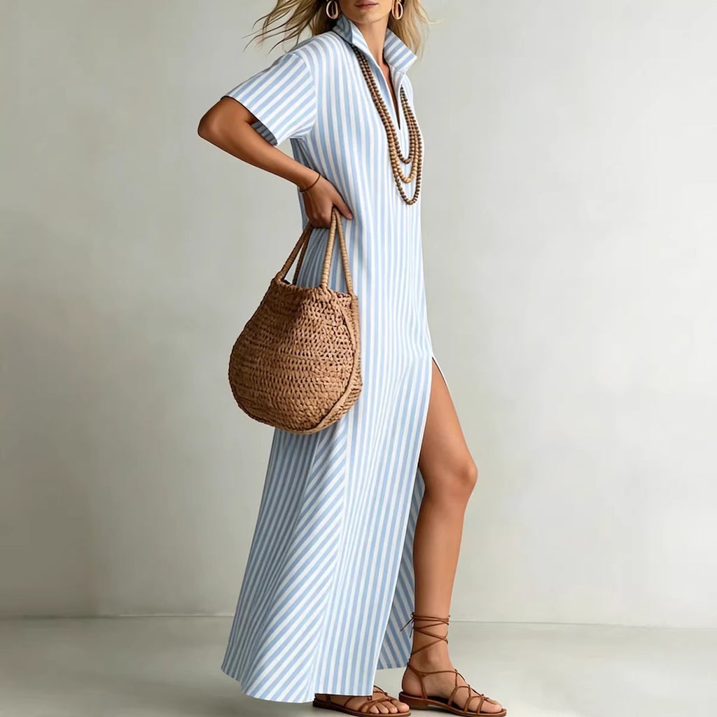 Rochie Lungă Femei — Guler Cămașă, Mânecă 3/4, Talie Înaltă
