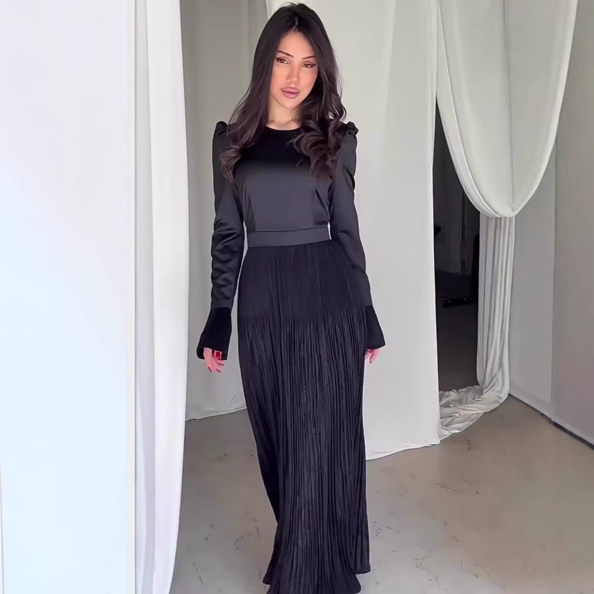 Rochie Maxi Elegantă cu Mânecă Lungă, Croiaă Mulată – Farmec Delicat, Modă de Iarnă