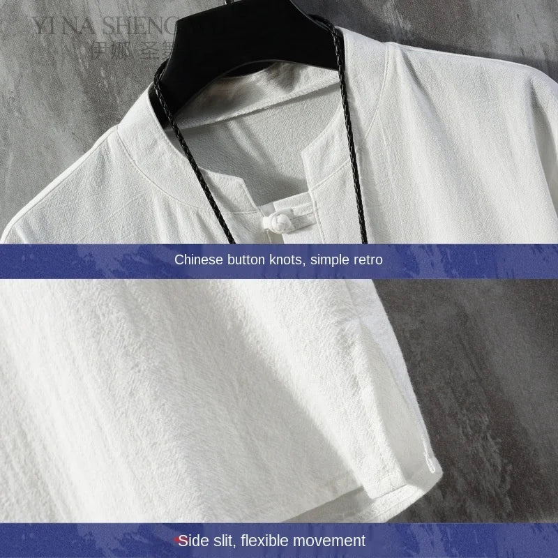 Tricou Bărbați — Stil Chinezesc Tang Shirt, In & Bumbac, Mânecă Scurtă, Vară