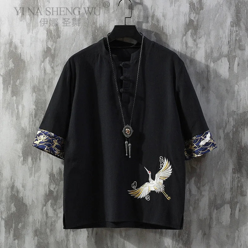 Tricou Bărbați — Stil Chinezesc Tang Shirt, In & Bumbac, Mânecă Scurtă, Vară