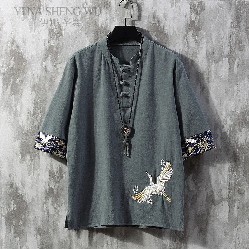 Tricou Bărbați — Stil Chinezesc Tang Shirt, In & Bumbac, Mânecă Scurtă, Vară