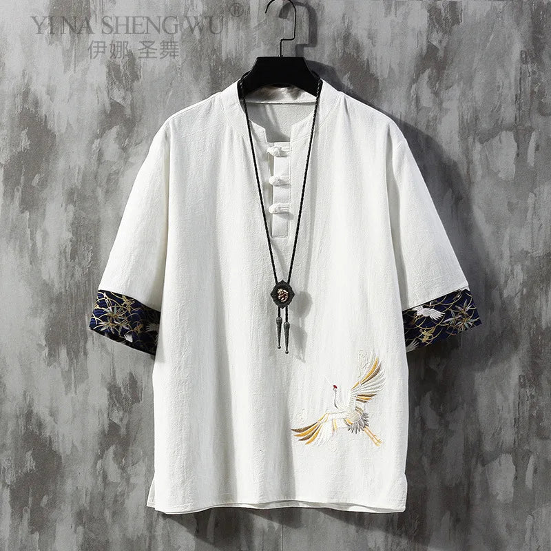 Tricou Bărbați — Stil Chinezesc Tang Shirt, In & Bumbac, Mânecă Scurtă, Vară