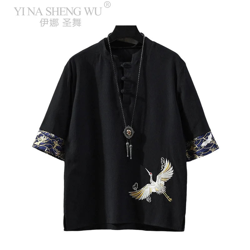 Tricou Bărbați — Stil Chinezesc Tang Shirt, In & Bumbac, Mânecă Scurtă, Vară