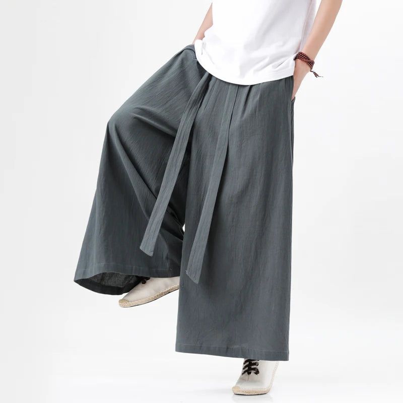 Pantaloni Wide Leg Bărbați — Stil Japonez Kimono, Bumbac & In, Streetwear Retro Vară