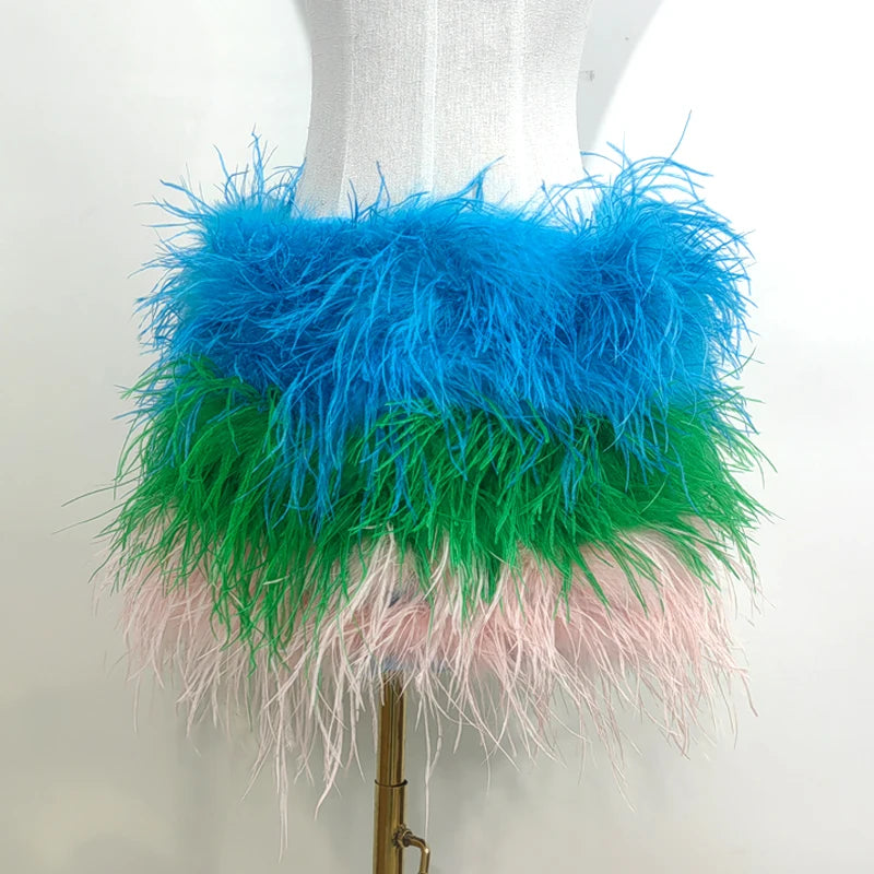 Fustă Mini cu Pene de Struț Adevărate — Multicolor, Talie Elastică