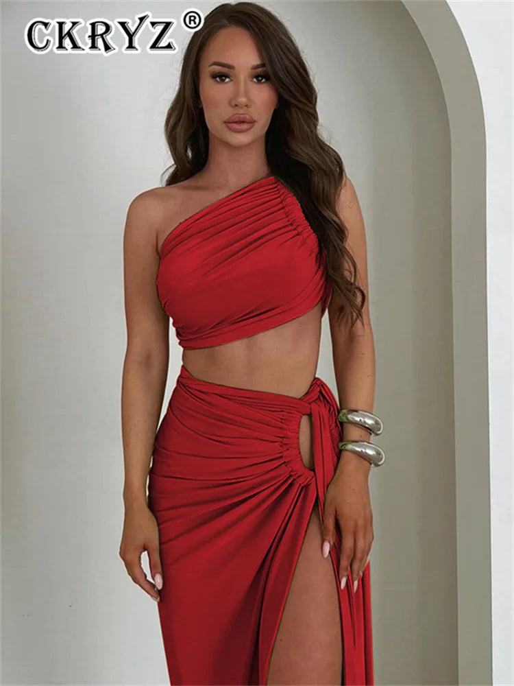 Set 2 Piese Elegant - Top Crop Spate Gol și Fustă Lungă cu Fantă