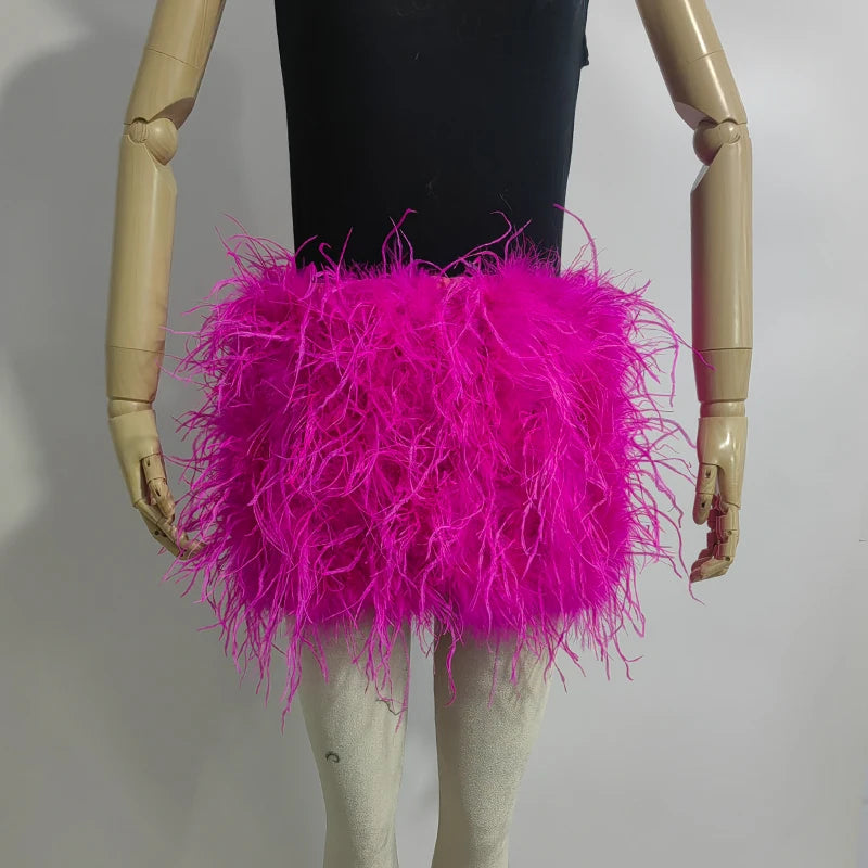 Fustă Mini cu Pene de Struț Adevărate — Multicolor, Talie Elastică