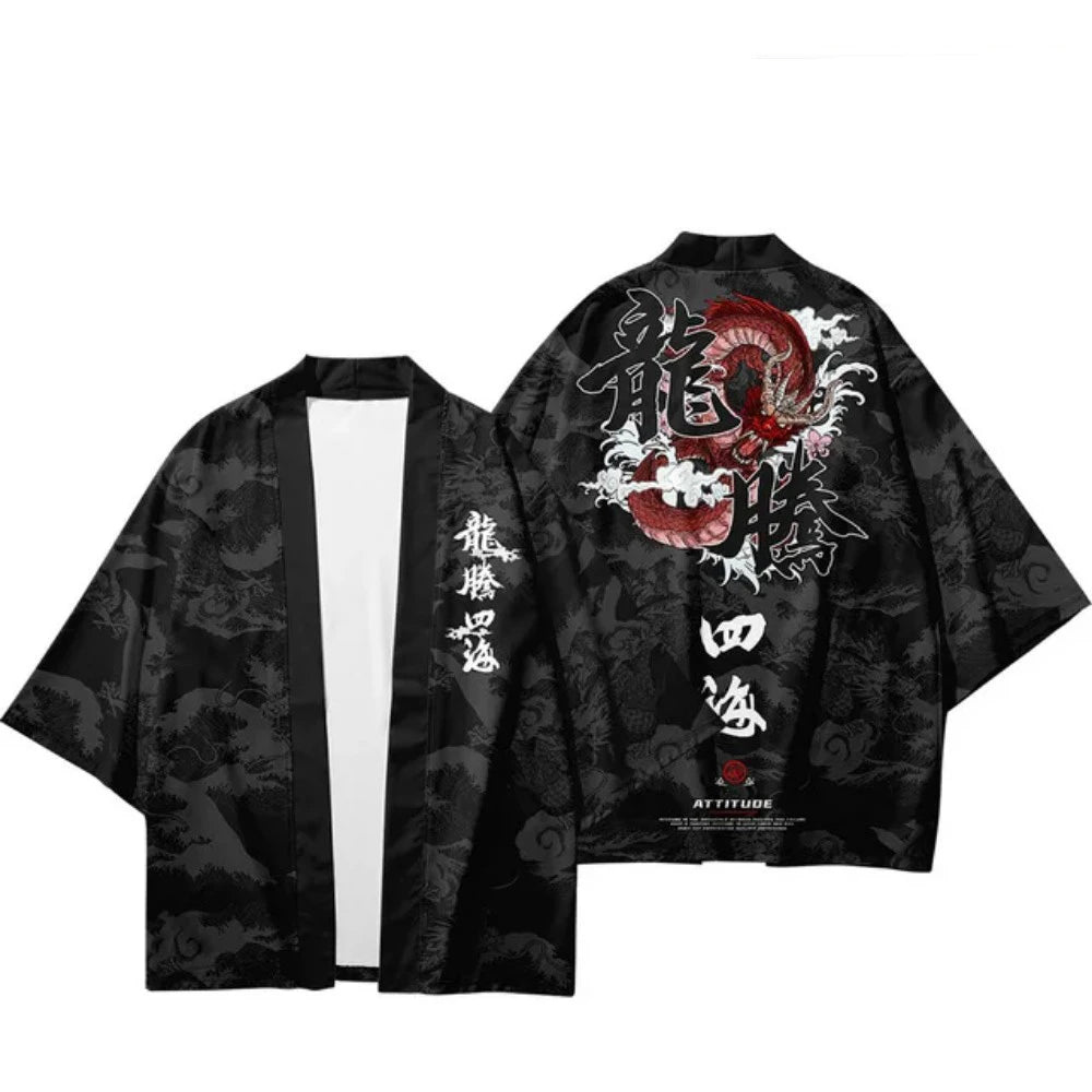 Kimono Haori Unisex — Imprimeu Cocor & Caractere Chineze, Cardigan Yukata, Vară