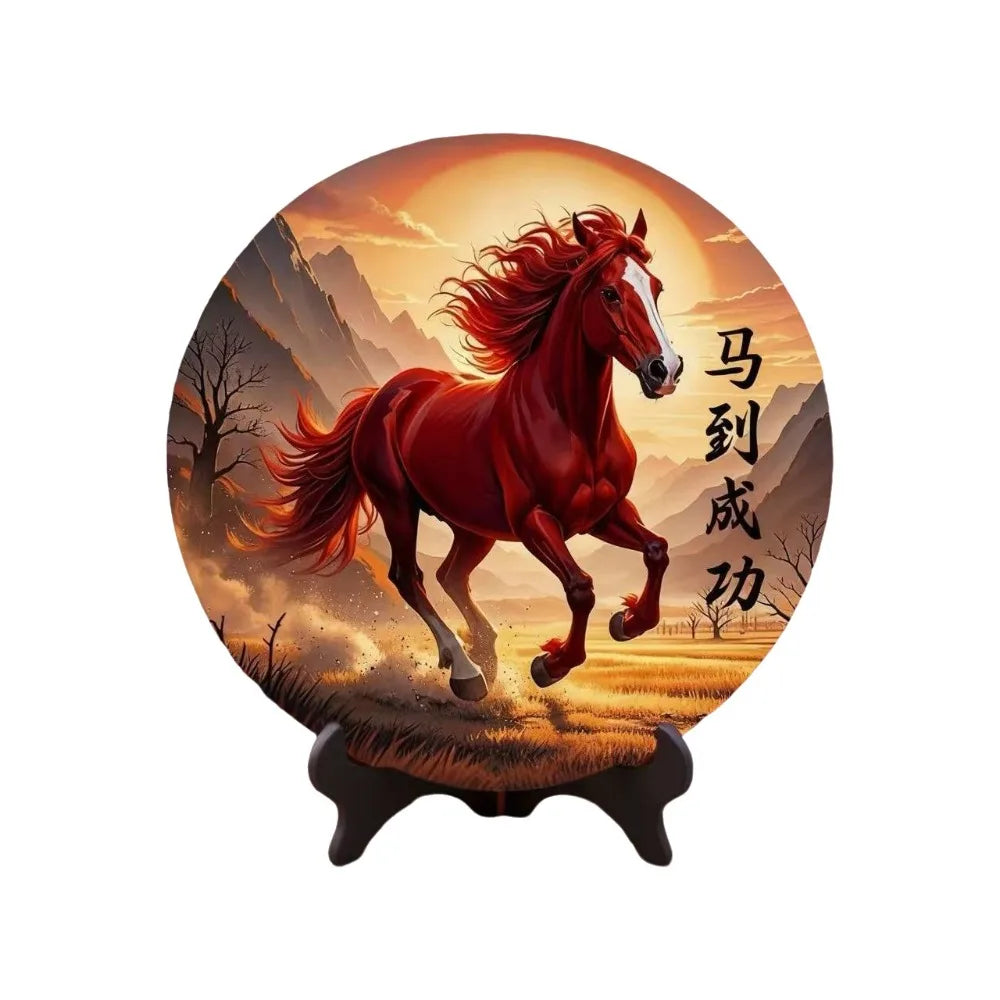 Tablou Decorativ Rotund din Lemn — Calul Norocos, Decor Feng Shui pentru Casă și Birou